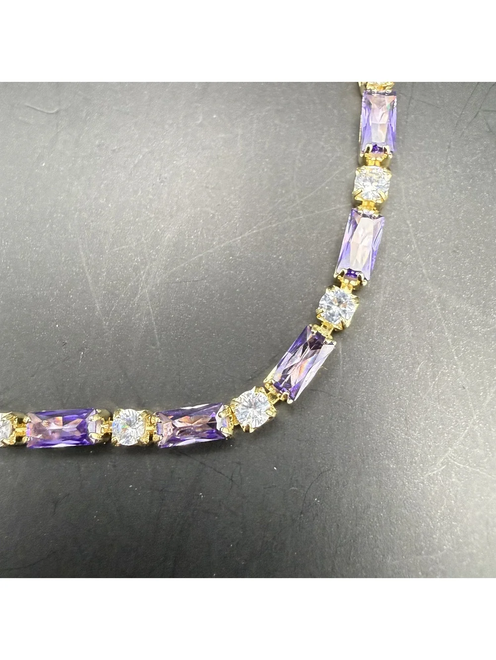 candy+clover lilac amethyst baguette gold tone tennis bracelet